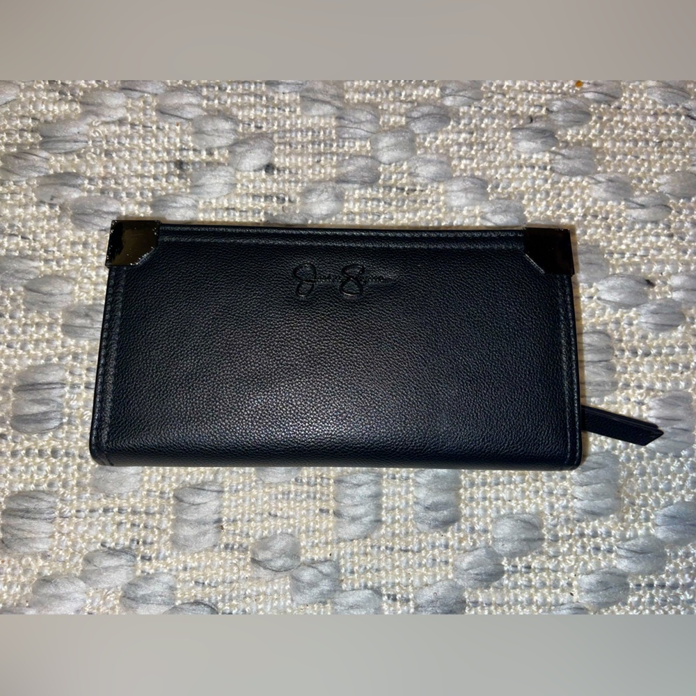 BNWT Jessica Simpson Frankie Wallet- black faux leather w/platinum silver accent